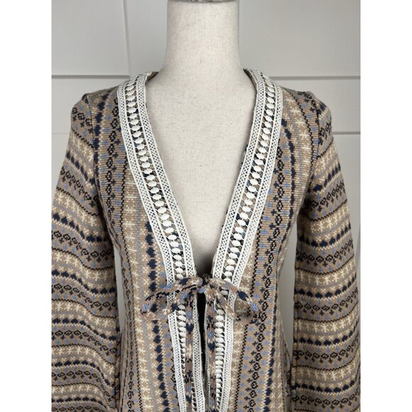 Ryu Anthropologie Boho Knit Cardigan Sweater Lace Trim Tie Front Bell Sleeve Med - Picture 2 of 10